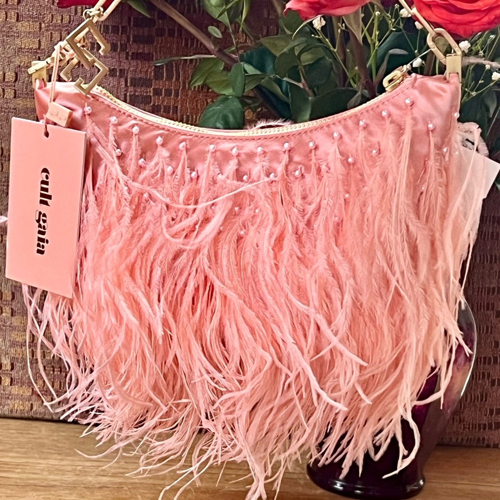 🌺🎉HP🎉🌺 NWT Cult Gaia Gia Ostrich Feather & Pearl Shoulder Bag Azalea 🌟Rare🌟 - Picture 3 of 16